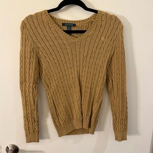 Lauren Ralph Lauren V-Neck Cable Knit Sweater - Tan/Gold